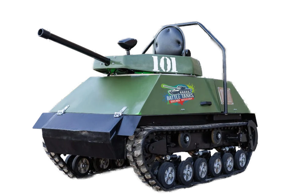 Zielony mini czołg paintballowy Battle Tanks z lufą i napędem gąsienicowym